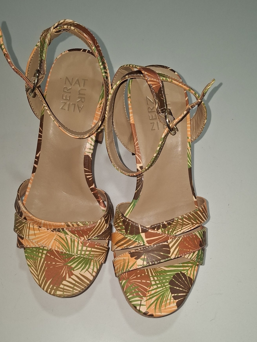 Naturalizer Brown and Green Tropical Print Ankle-Strap High Heels